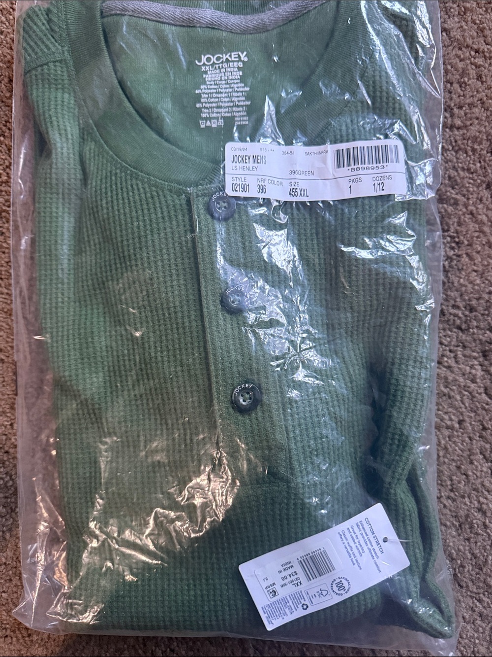 Jockey Menβs LS Waffle Henley Shirt Green Size XXL New